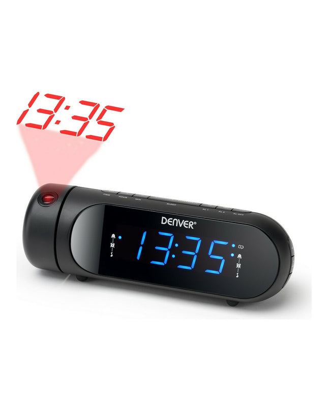 Black Denver Electronics CPR-700 FM radio alarm clock with digital display and control buttons on top.