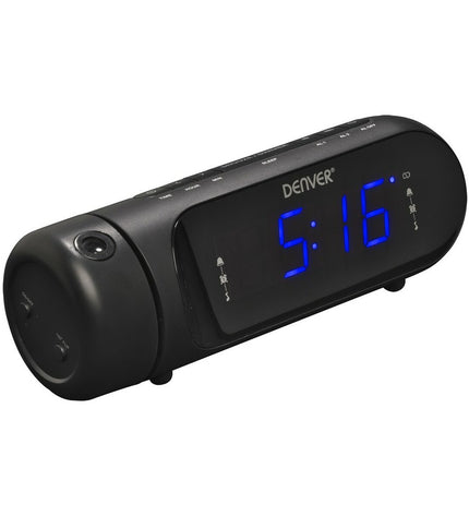 Black Denver Electronics CPR-700 radio alarm clock with FM tuner, digital display, and control buttons.