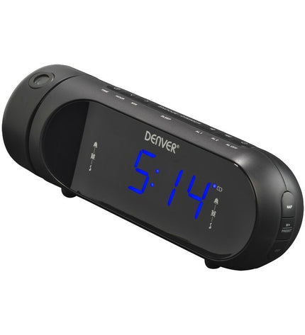 Denver Electronics CPR-700 black radio alarm clock with FM radio, digital display, and sleek electronic design.