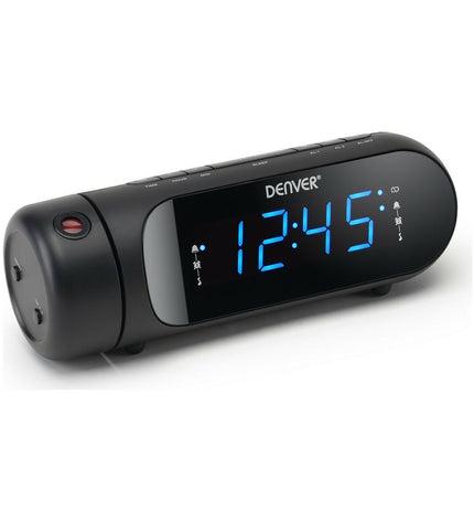 Black Denver Electronics CPR-700 radio alarm clock with FM radio display and digital controls.
