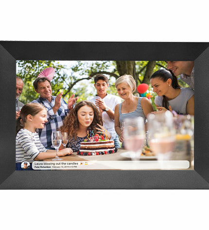Black Denver Electronics 10.1-inch Wi-Fi digital photo frame displaying a family photo on the screen.