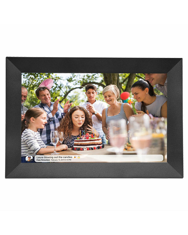 Black Denver Electronics 10.1-inch Wi-Fi digital photo frame displaying a family photo on the screen.