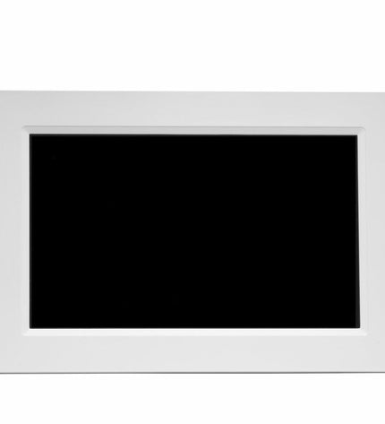 Digital photo frame Denver Electronics PFF-1015W with 10.1-inch white display, showcasing a family photo in a modern electronic design.