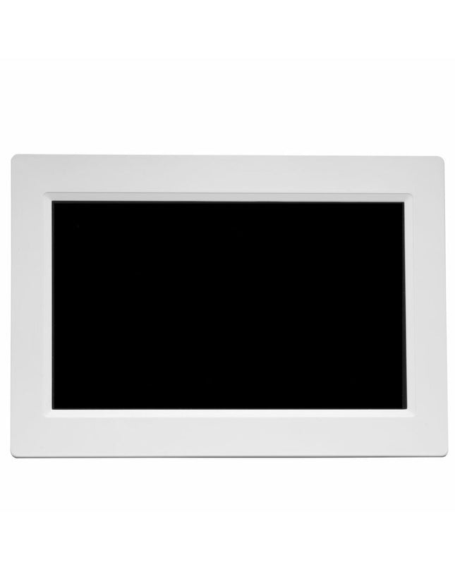 Digital photo frame Denver Electronics PFF-1015W with 10.1-inch white display, showcasing a family photo in a modern electronic design.