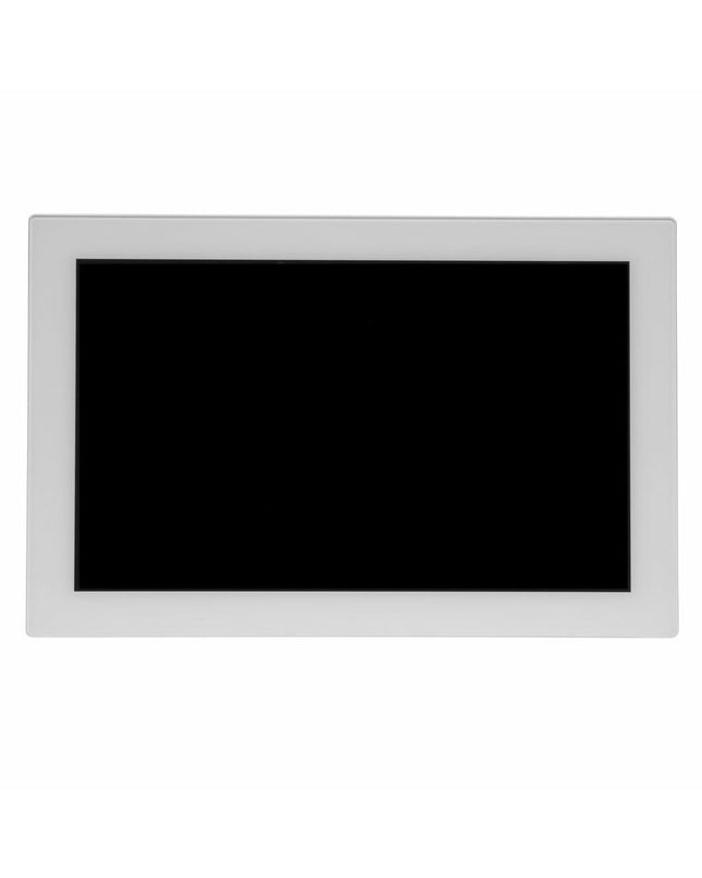 Denver Electronics PFF-1037W 10.1-inch white digital photo frame displaying a slideshow of family photos.