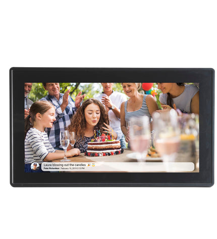 Digital photo frame Denver Electronics PFF-1514B Wi-Fi displaying a family picture on a modern screen.