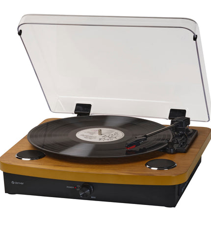 Denver Electronics VPL-230LW turntable for vinyl records, vintage-style audio and Hi-Fi electronics with wooden finish.