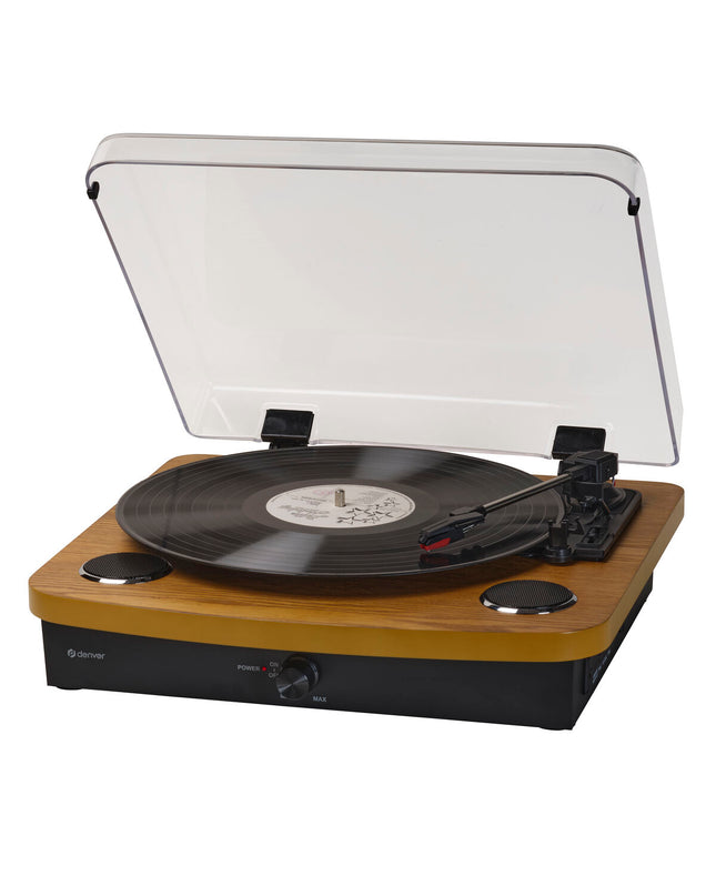 Denver Electronics VPL-230LW turntable for vinyl records, vintage-style audio and Hi-Fi electronics with wooden finish.