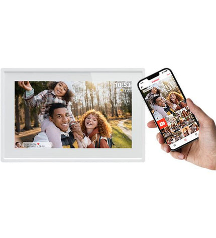Denver Electronics PFF-725W digital photo frame with Wi-Fi, displaying a vivid photo on a sleek electronic device.