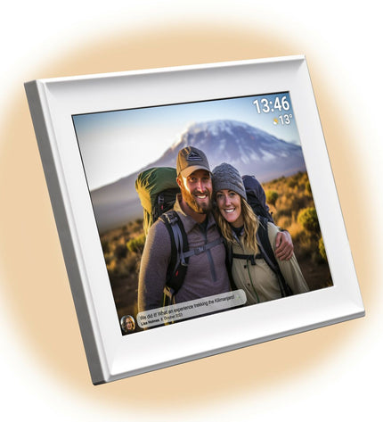 Denver Electronics PFF-1080W Wi-Fi digital photo frame displaying photos on a sleek black frame with Wi-Fi connectivity.