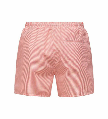 Pink striped men's swim trunks by Only & Sons, lightweight seersucker fabric, suitable for sports and outdoor water activities.