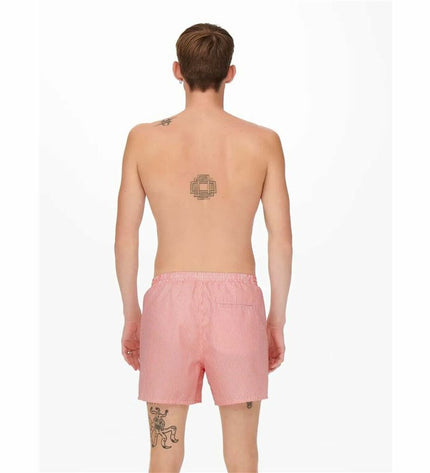 Pink striped men's swim trunks by Only & Sons, lightweight seersucker fabric, suitable for watersport and outdoor activities.