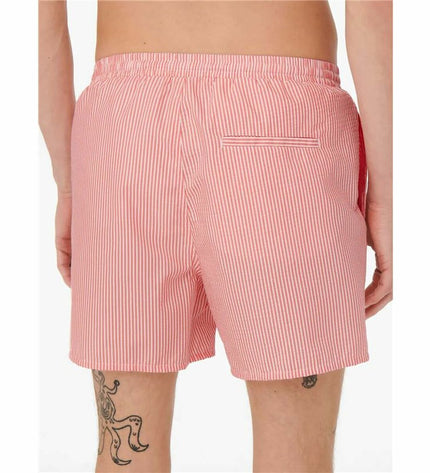 Pink striped men's swim shorts by Only & Sons, sporty seersucker design for watersport and outdoor activities.