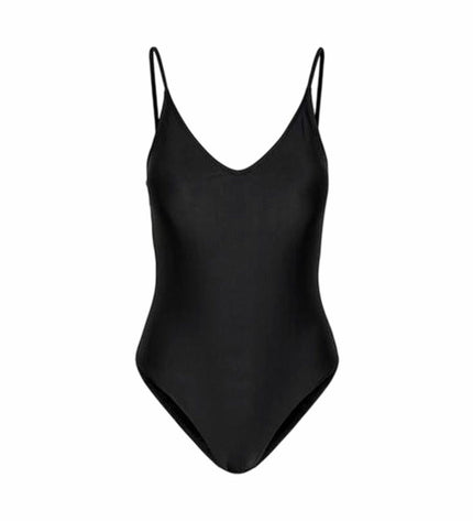 Black women's swimsuit from Pieces, suitable for sport and outdoor watersports, shown on a model in a dynamic pose.