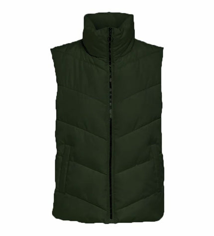Dark green Jack & Jones women's vest, sporty outdoor jacket ideal for camping and hiking, featuring a short design.