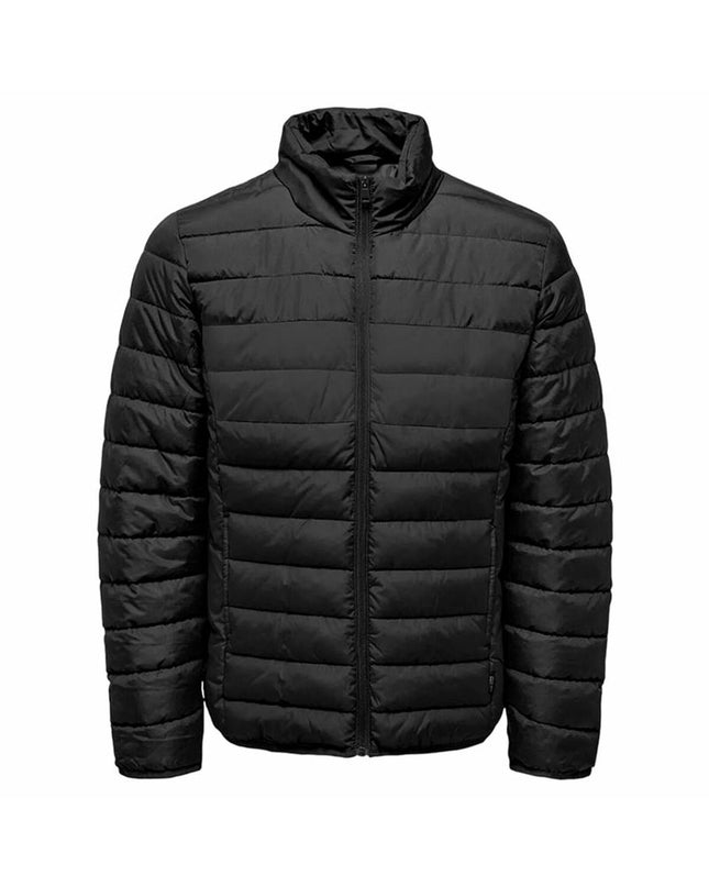Black men's sport jacket by Only & Sons, Onsbrody Quilt Vd Zwart, displayed as outdoor sportswear with quilted design.