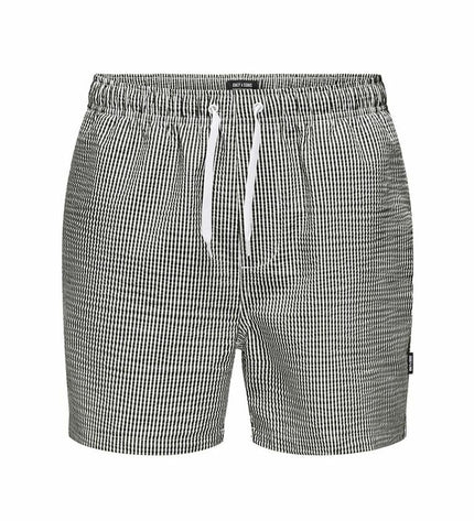 Only & Sons men's striped seersucker swim shorts in white and black, designed for sport and outdoor watersport activities.