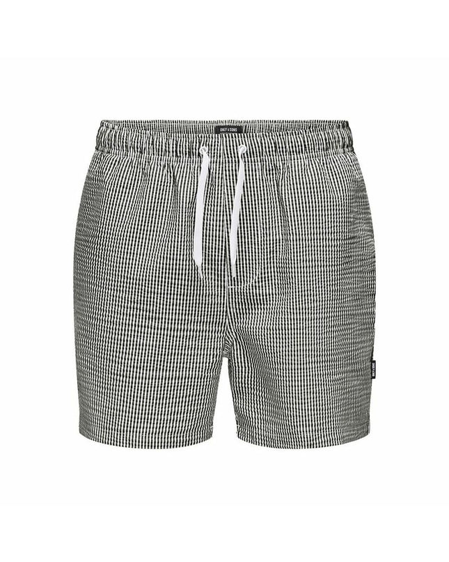 Only & Sons men's striped seersucker swim shorts in white and black, designed for sport and outdoor watersport activities.