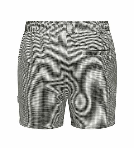 Only & Sons men's striped seersucker swim shorts in white and black, suitable for watersport and outdoor activities.