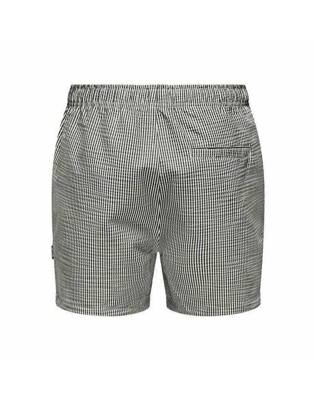 Only & Sons men's striped seersucker swim shorts in white and black, suitable for watersport and outdoor activities.
