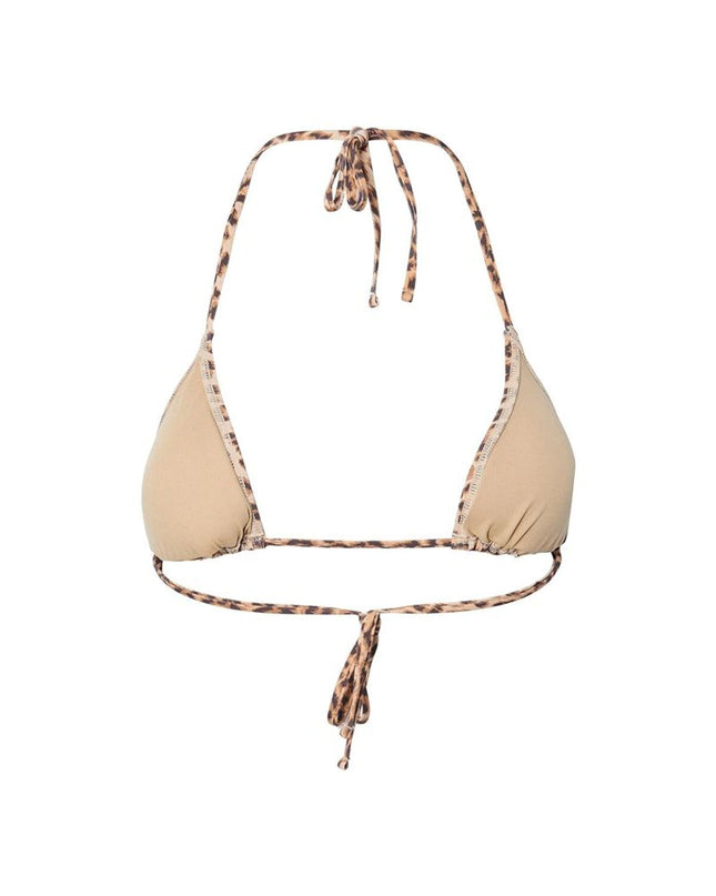 Pieces Bikini Triangle Top in beige leopard print, perfect for outdoor water sports and swimming.