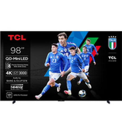 TCL 98-inch 4K Ultra HD HDR QD Mini LED Smart TV displaying vibrant colors and a sleek modern design.