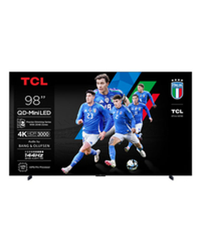 TCL 98-inch 4K Ultra HD HDR QD Mini LED Smart TV displaying vibrant colors and a sleek modern design.