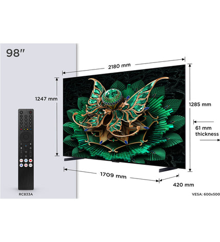 TCL 98-inch 4K Ultra HD HDR QD Mini LED Smart TV displaying vibrant home entertainment content.