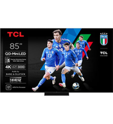 TCL 85-inch 4K Ultra HD HDR QD Mini LED Smart TV displaying vibrant images in a modern living room setting