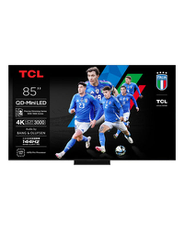 TCL 85-inch 4K Ultra HD HDR QD Mini LED Smart TV displaying vibrant images in a modern living room setting