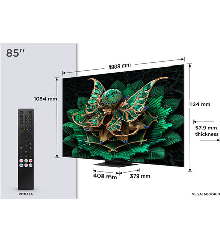 TCL 85-inch 4K Ultra HD HDR QD Mini LED Smart TV displaying vibrant image with slim black frame and modern design