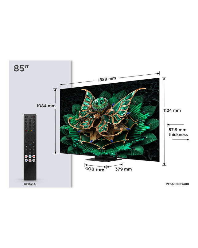 TCL 85-inch 4K Ultra HD HDR QD Mini LED Smart TV displaying vibrant image with slim black frame and modern design