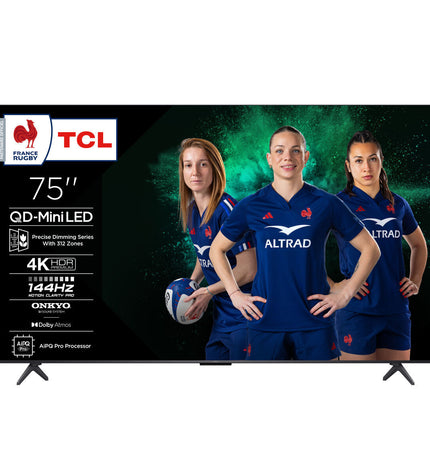 TCL 75-inch 4K Ultra HD HDR QLED Mini LED smart TV displaying vibrant images in a modern living room.
