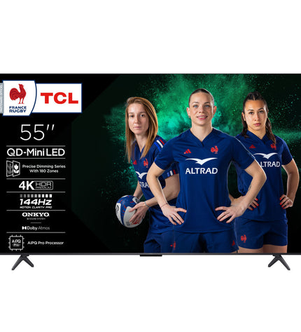 TCL 55-inch 4K Ultra HD HDR QLED Smart TV displaying vibrant colorful images in a living room setting