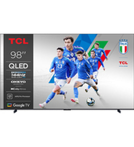 TCL 98-inch 4K Ultra HD HDR QLED Smart TV displaying vibrant colors and a sleek black frame.
