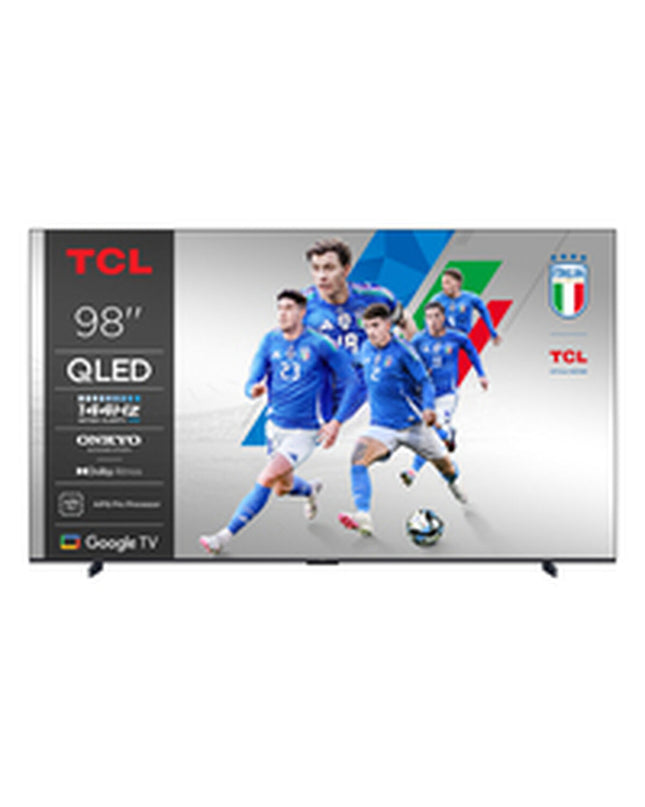 TCL 98-inch 4K Ultra HD HDR QLED Smart TV displaying vibrant colors and a sleek black frame.