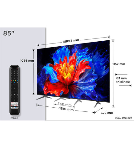 TCL 85-inch 4K Ultra HD HDR QLED Smart TV displaying vibrant colorful images in a modern living room setting