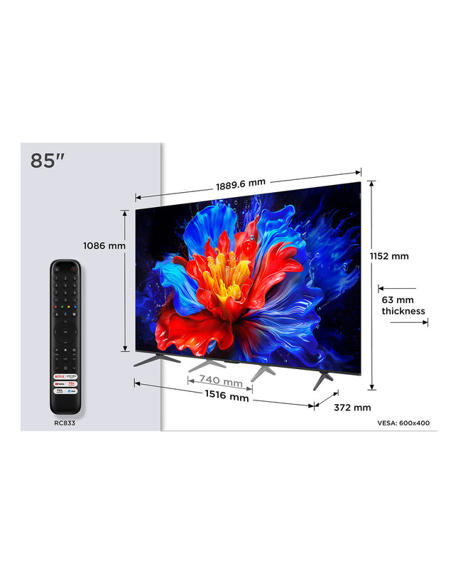TCL 85-inch 4K Ultra HD HDR QLED Smart TV displaying vibrant colorful images in a modern living room setting