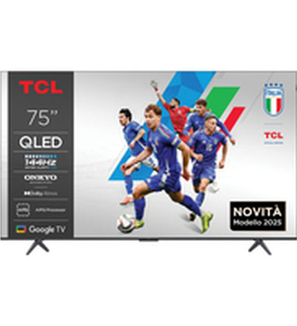 TCL 75-inch 4K Ultra HD LED Smart TV with HDR and QLED display, sleek black screen showing vibrant, high-resolution visuals