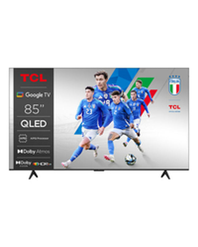 TCL 85-inch 4K Ultra HD HDR QLED Smart TV displaying vibrant images in a modern living room setting