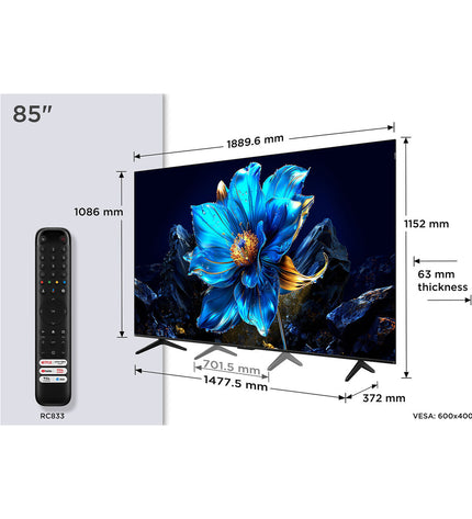 TCL 85-inch Smart TV 85P7K with 4K Ultra HD HDR QLED display, sleek design, and slim bezels for home entertainment.