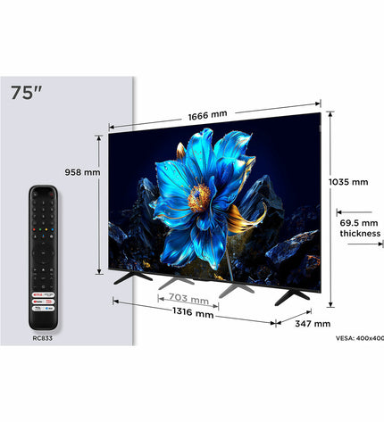 TCL 75-inch 4K Ultra HD HDR QLED Smart TV displaying vibrant colors and a sleek black frame, perfect for home entertainment.