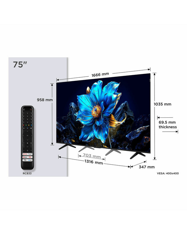 TCL 75-inch 4K Ultra HD HDR QLED Smart TV displaying vibrant colors and a sleek black frame, perfect for home entertainment.