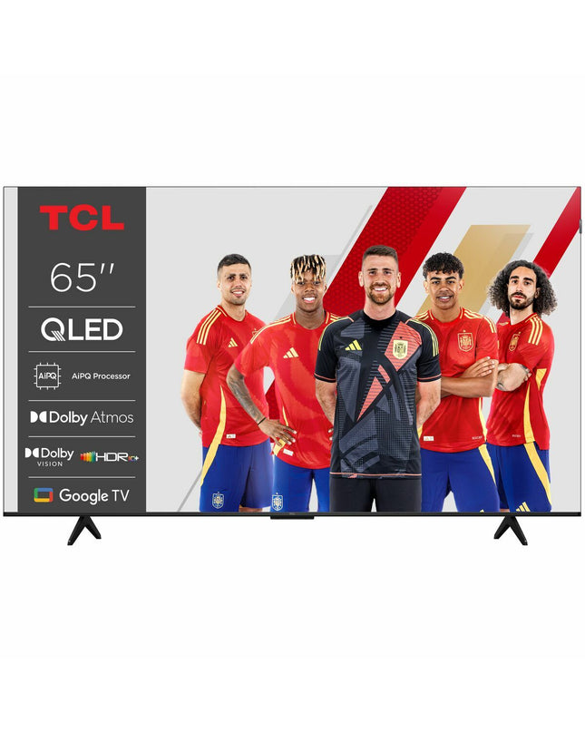 TCL 65-inch 4K Ultra HD HDR QLED Smart TV displaying vibrant colors and a sleek black frame in a modern living room setting.