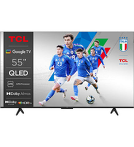 TCL 55-inch 4K Ultra HD HDR QLED Smart TV showing vibrant picture and slim black bezel, ideal for home entertainment.