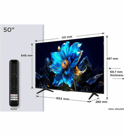 TCL 50-inch 4K Ultra HD HDR QLED Smart TV showcasing a sleek screen and slim black bezel for home entertainment.