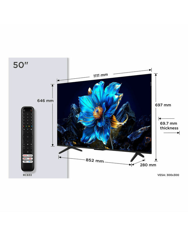 TCL 50-inch 4K Ultra HD HDR QLED Smart TV showcasing a sleek screen and slim black bezel for home entertainment.