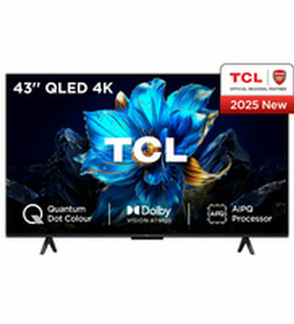 TCL 43-inch 4K Ultra HD LED Smart TV with HDR and QLED display, showing vibrant screen and sleek black frame.