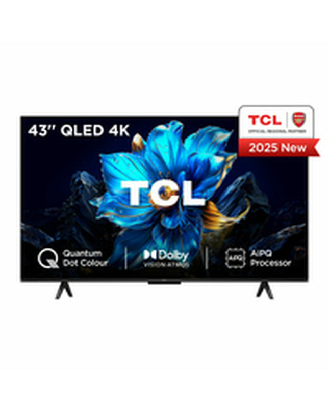 TCL 43-inch 4K Ultra HD LED Smart TV with HDR and QLED display, showing vibrant screen and sleek black frame.