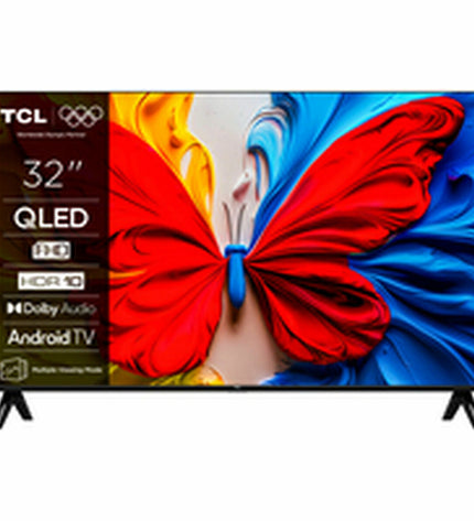 TCL 32-inch Full HD LED Smart TV with HDR and QLED display, showing vibrant images on a sleek modern screen.